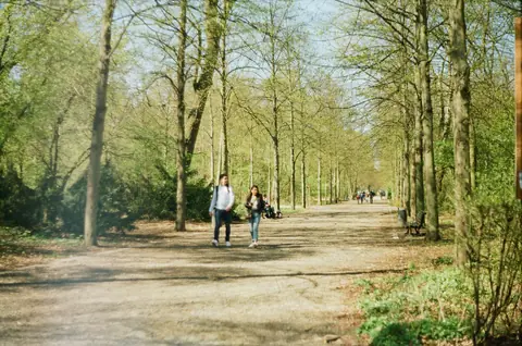Fotgängare på en parkväg i Berlin